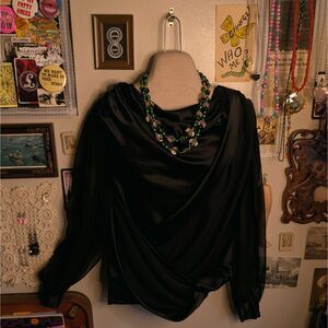 Vintage Mesh Wrap Blouse Women's XS Black Gothic Puff Sleeve Draped Satin